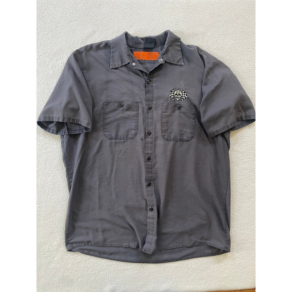 Lucky 13 Mens XL Short Sleeve Red Kap Work Shirt Gray Distressed Worn Thin holes